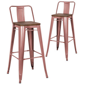 Pollux Metal Bar Stool Set of 2 with Back and Wooden Seat - Industrial Copper
