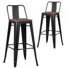 Pollux Metal Bar Stool Set of 2 with Back and Wooden Seat - Matte Black