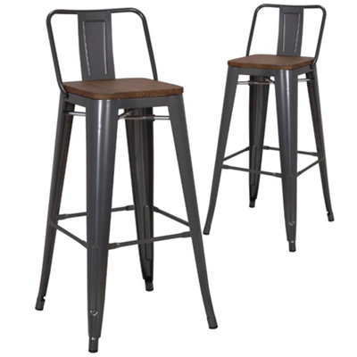 Pollux Metal Bar Stool Set of 2 with Back and Wooden Seat - Metallic Grey