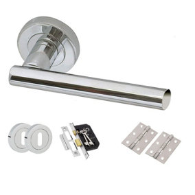 Polsished Chrome T-Bar Door Handle on Rose Bathroom Toilet Loo Set or Key Lock Set and Hinges (Key Lock Set)