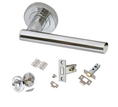 Polsished Chrome T-Bar Door Handle on Rose Bathroom Toilet Loo Set with Dead Bolt and Thumbturn Tubular Latch and Hinges