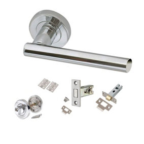 Polsished Chrome T-Bar Door Handle on Rose Bathroom Toilet Loo Set with Dead Bolt and Thumbturn Tubular Latch and Hinges