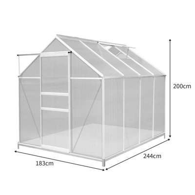 Polycarbonate Greenhouse 6ft x 8ft With Base - Silver