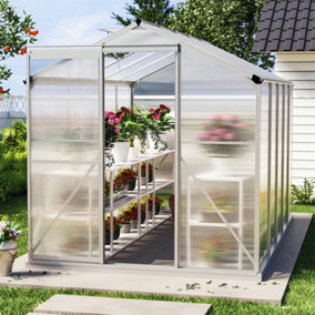Polycarbonate Greenhouse Aluminium Frame Walk In Garden Green House with Base Foundation Silver 10x6 ft