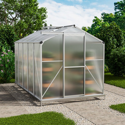Polycarbonate Greenhouse Aluminium Frame Walk In Garden Green House with Base Foundation Silver 10x6 ft