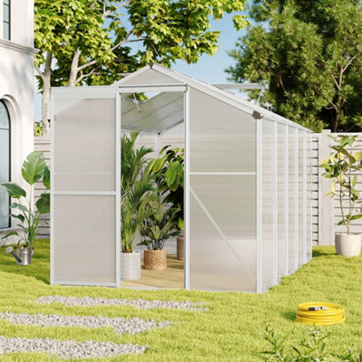 Polycarbonate Greenhouse Aluminium Frame Walk In Garden Green House with Foundation Base,Silver,10x6 ft