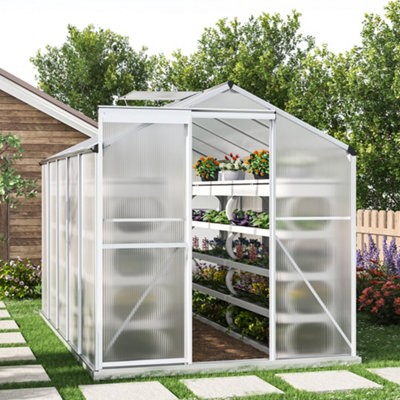 Polycarbonate Greenhouse Aluminium Frame Walk In Garden Green House with Foundation Base,Silver,10x6 ft