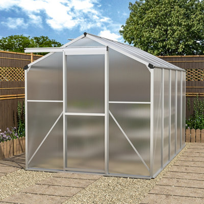 Polycarbonate Greenhouse Aluminium Frame Walk In Garden Green House with Foundation Base,Silver,10x6 ft