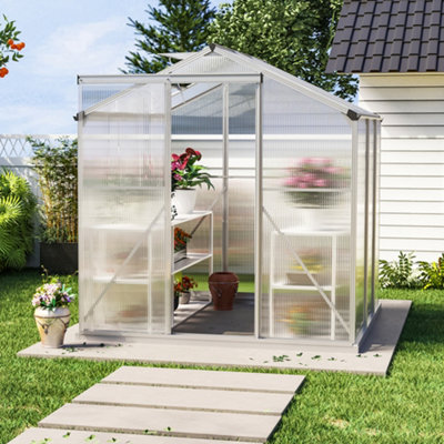 Polycarbonate Greenhouse Aluminium Frame Walk In Garden Green House with Window Open Silver 6x6 ft