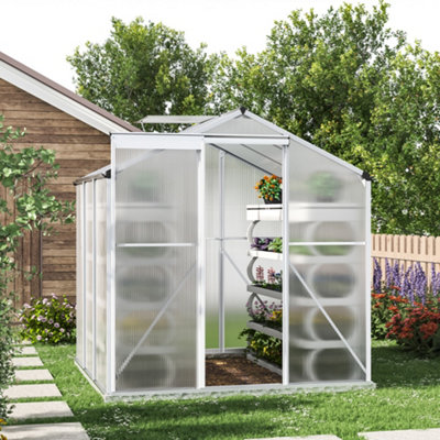 Polycarbonate Greenhouse Aluminium Frame Walk In Garden Green House with Window Open Silver 6x6 ft