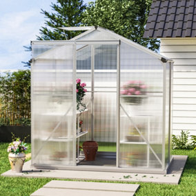 Polycarbonate Greenhouse Aluminium Framed Walk In Garden Green House with Base Foundation,Silver 6x4 ft