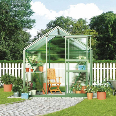 Polycarbonate Greenhouse Large Walk-in Garden Growhouse, Sliding Door & Twin Wall Panels with Steel Base 6x4 ft (Green)