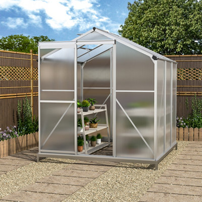 Polycarbonate Greenhouse Walk In Garden Green House with Base Foundation Silver 6x6 ft
