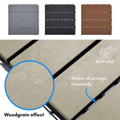 Polydeck (Pack of 12) Woodgrain-Effect 30x30cm Decking Tiles in Beige