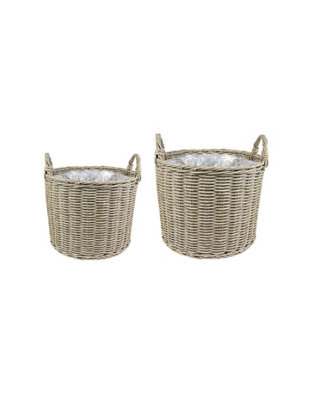 Polyrattan Set of Two Lined Planters Natural