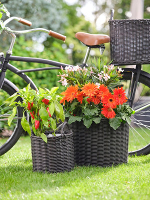 Polyrattan Set of Two Lined Planters Willow