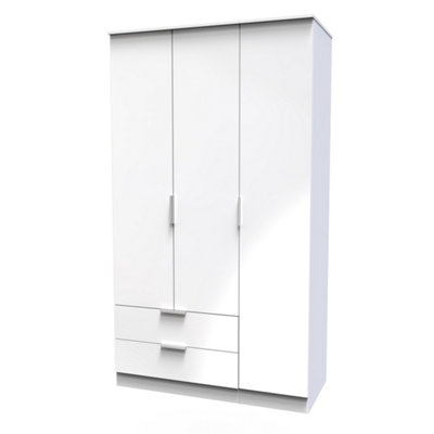 Poole Triple Wardrobe with 2 Drawers in White Gloss (Ready Assembled)