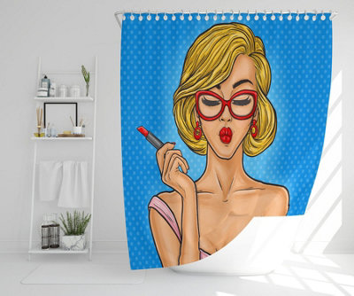 Pop art illustration woman paints her lips (Shower Curtain) / Default Title Price Comparisons | Compare The Build