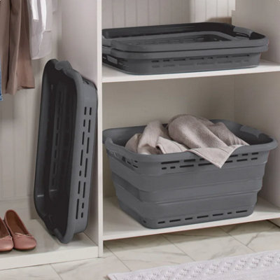 Pop N Load Collapsible Laundry Basket Grey Folding Washing Hamper