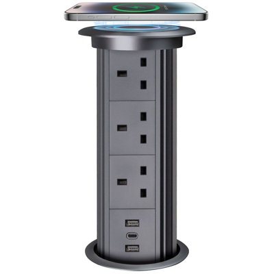 Pop Up Power Socket /w Wireless Charging Pad - 2x USB A - 1 x USB C Ports - 3x UK Plugs - Perfect for Home & Office
