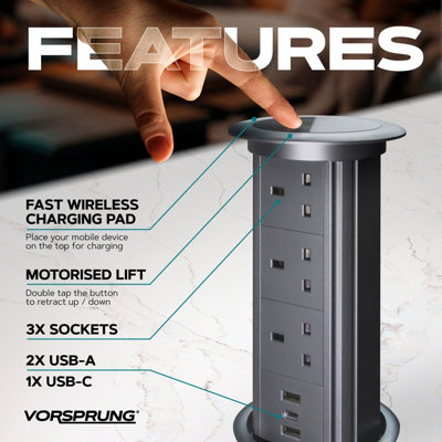 Pop Up Power Socket /w Wireless Charging Pad - 2x USB A - 1 x USB C Ports - 3x UK Plugs - Perfect for Home & Office