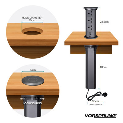 Pop Up Power Socket /w Wireless Charging Pad - 2x USB A - 1 x USB C Ports - 3x UK Plugs - Perfect for Home & Office