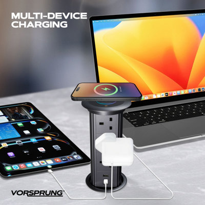 Pop Up Power Socket /w Wireless Charging Pad - 2x USB A - 1 x USB C Ports - 3x UK Plugs - Perfect for Home & Office