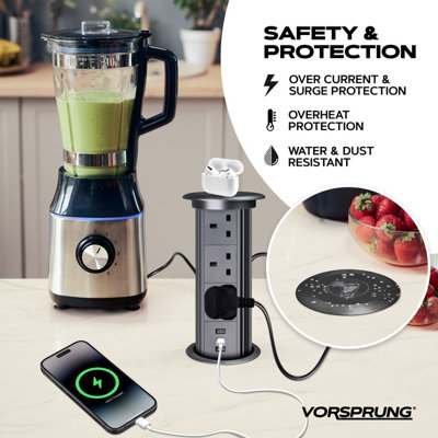 Pop Up Power Socket /w Wireless Charging Pad - 2x USB A - 1 x USB C Ports - 3x UK Plugs - Perfect for Home & Office