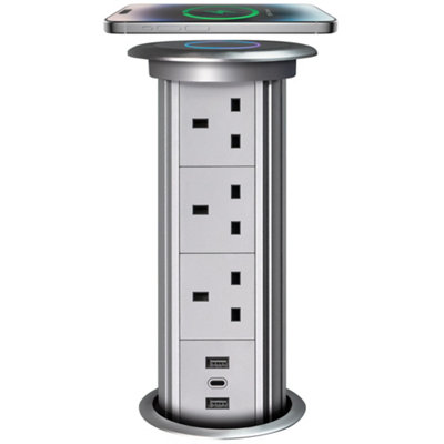 Pop Up Power Socket /w Wireless Charging Pad - 2x USB A  - 1 x USB C Ports - 4x UK Plugs - Perfect for Home & Office Price Comparisons | Compare The Build