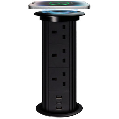 Pop Up Power Socket /w Wireless Charging Pad - 2x USB A - 1 x USB C Ports - 4x UK Plugs - Perfect for Home & Office