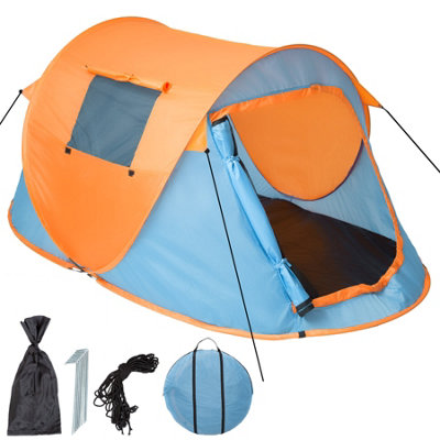 Pop-up Tent - 2 man, waterproof, with mosquito net, pegs, guy ropes, carry bag - blue/orange