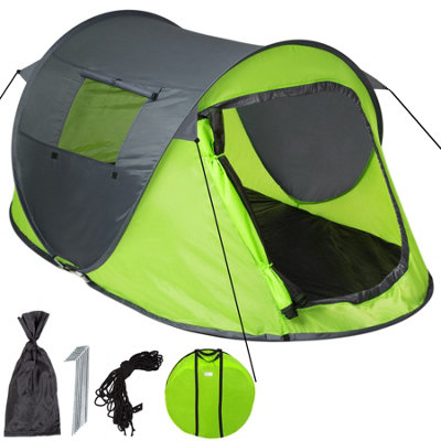 Pop-up Tent - 2 man, waterproof, with mosquito net, pegs, guy ropes, carry bag - grey/green