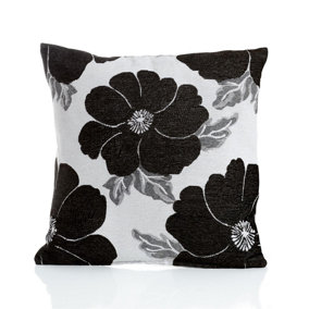 Poppy 22" Luxury Floral designed chenille cushion. Colour Black