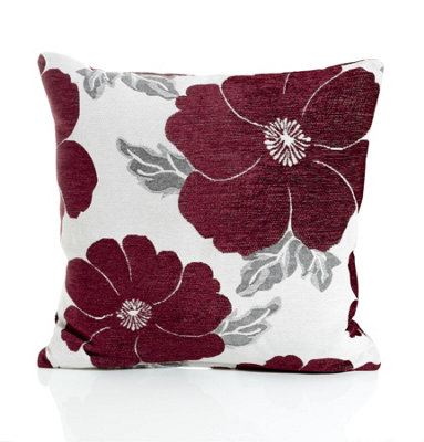 Poppy 45cm x 45cm Luxury Floral Chenille Cushion Aubergine/Grey