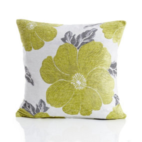 Poppy 45cm x 45cm Luxury Floral Chenille Cushion Lime/Grey