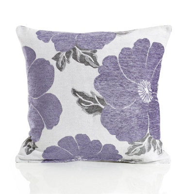Poppy 45cm x 45cm Luxury Floral Chenille Cushion Purple/Grey