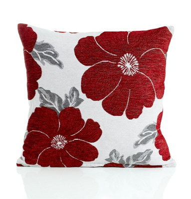 Poppy 45cm x 45cm Luxury Floral Chenille Cushion Red/Grey