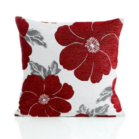 Poppy 45cm x 45cm Luxury Floral Chenille Cushion Red/Grey