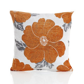 Poppy 55cm x 55cm Luxury Floral Chenille Cushion Orange/Grey