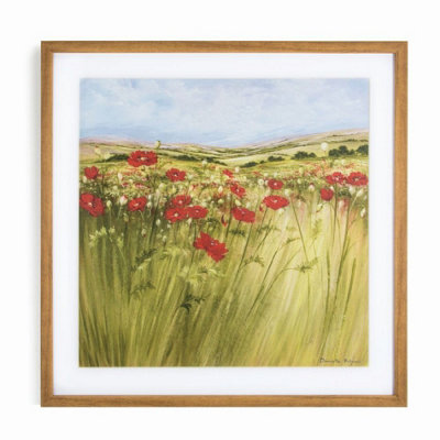 Poppy Meadow Countryside Landscape Wood Stained Brown Framed Print
