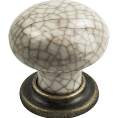 Porcelain Mushroom Cupboard Door Knob 36mm Dia - Antique Brass & Ivory Glaze