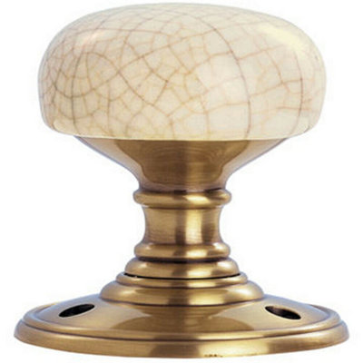 Porcelain Mushroom Door Knob - Ivory Crackle Glaze & Florentine Bronze