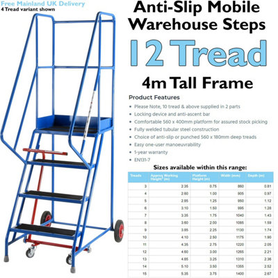 Portable 12 Tread Mobile Warehouse Stairs with Anti-Slip Steps for Safety