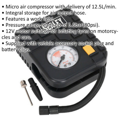 Portable 12V Tyre Inflator Mini Air Compressor Work Light Car