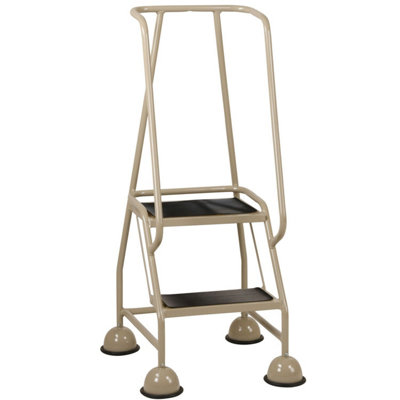 Portable 2 Tread Beige Mobile Warehouse Steps with Safety Features and Wheels