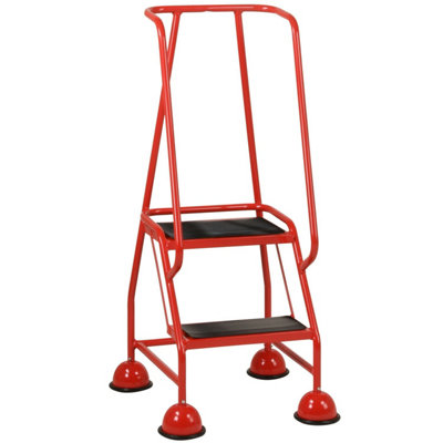 Portable 2 Tread Mobile Warehouse Steps in Red - Safety Ladder with Wheels