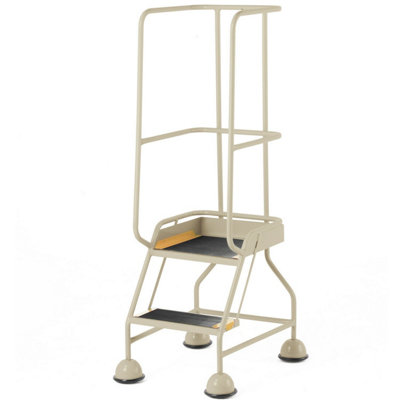 Portable 2 Tread Mobile Warehouse Steps with Guardrail in Beige - Safe Lightweight Design