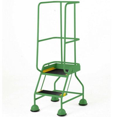 Portable 2 Tread Mobile Warehouse Steps with Guardrail in Green - Safety Stair Solution