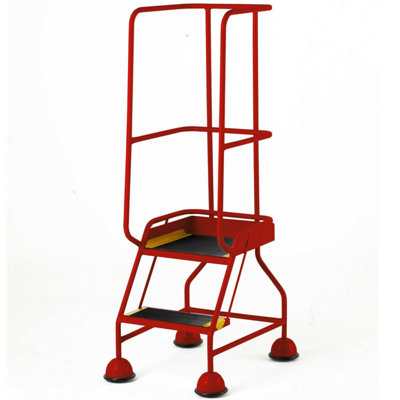 Portable 2 Tread Mobile Warehouse Steps with Guardrail - Red Safety Stairs