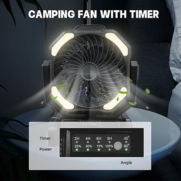 Ventilateur rechargeable portable 20 000 mAh – Ventilateur de bureau et de camping à piles avec lumière LED et crochet pour tente extérieure, voiture Ventilateur rechargeable portable 20 000 mAh – Ventilateur de bureau et de camping à piles avec lumière LED et crochet pour tente extérieure, voiture